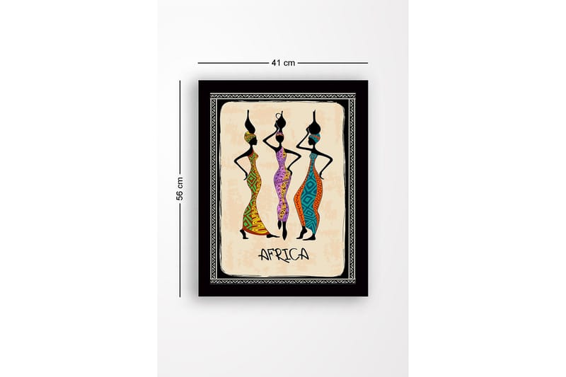 Kehystetty puutaulu canvasille - 41x56 cm - Kolme tyyliteltyä naista värikkäissä, perinteisillä kuvioilla koristelluissa mekoissa - Musta / Oranssi / Vihreä - Sisustustuotteet - Taulu & taide