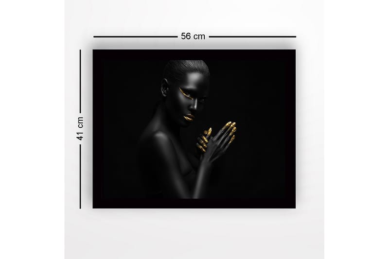 Kehystetty puutaulu canvasille - 41x56 cm - Muotokuva mustaihoisesta naisesta kultaisilla yksityiskohdilla - Musta / Kulta - Sisustustuotteet - Taulu & taide