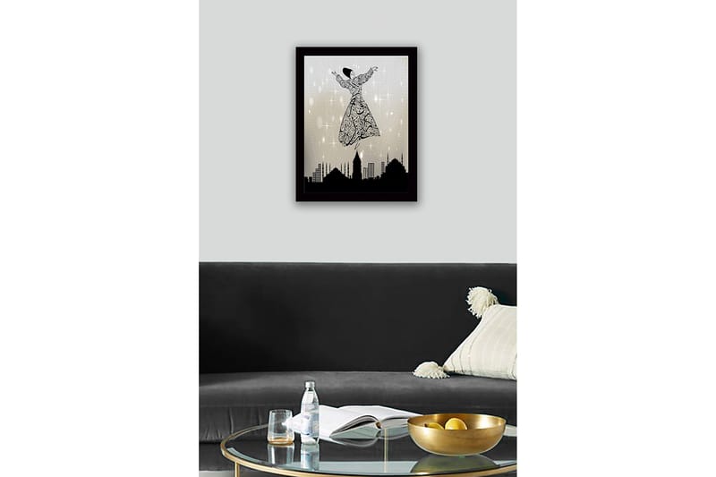 Kehystetty puinen canvas-taulu - 41x56 cm - Tanssiva hahmo koristeellisessa mekossa leijuu kaupungin siluetin yllä - Musta / Harmaa / Valkoinen - Sisustustuotteet - Taulu & taide