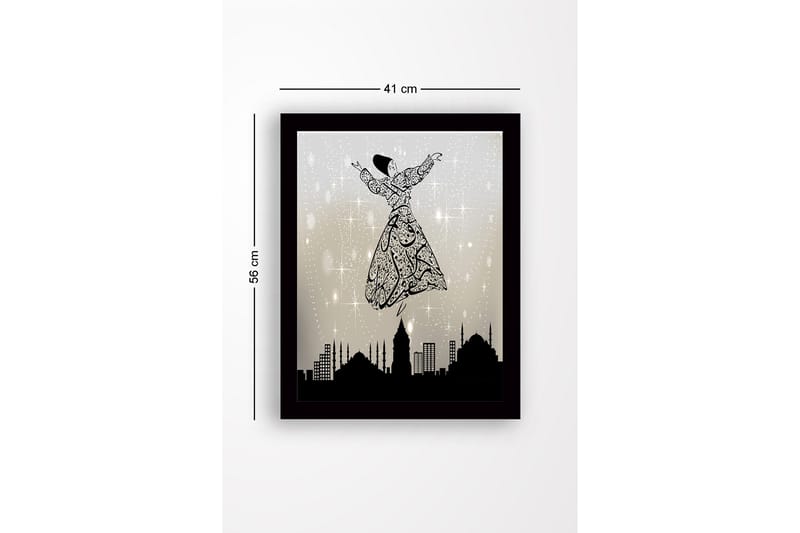 Kehystetty puinen canvas-taulu - 41x56 cm - Tanssiva hahmo koristeellisessa mekossa leijuu kaupungin siluetin yllä - Musta / Harmaa / Valkoinen - Sisustustuotteet - Taulu & taide