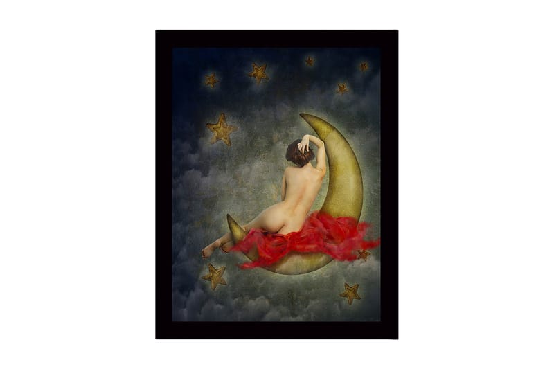 Kehystetty puutaulu canvas-taululla - 41x56 cm - Alaston nainen lepää kuunsirpin päällä tähtien ympäröimänä, Kulta / Punainen / Harmaa