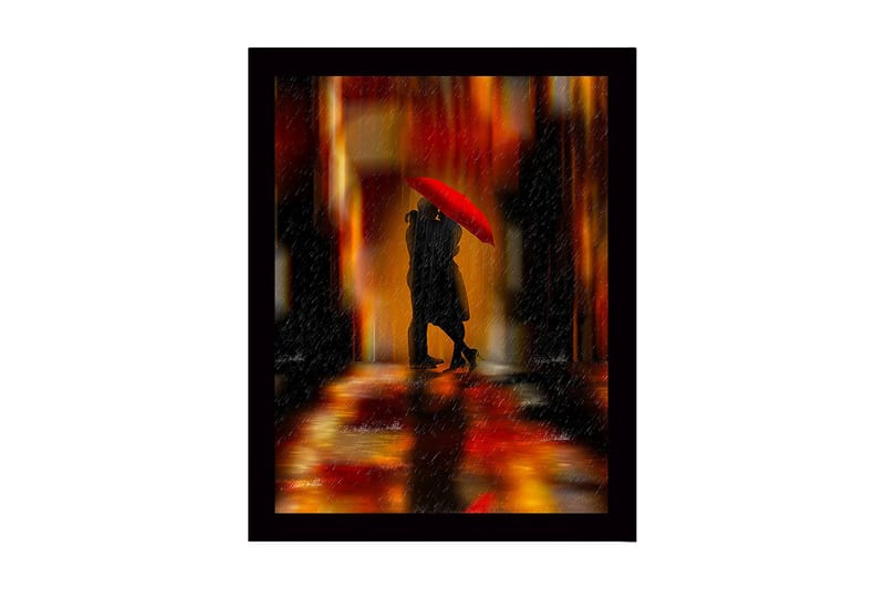 Kehystetty puutaulu canvasille - 41x56 cm - Romanttinen kohtaus pariskunnasta punaisen sateenvarjon alla, Punainen / Oranssi / Musta