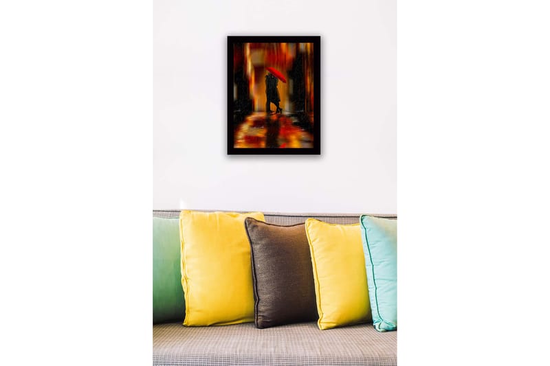 Kehystetty puutaulu canvasille - 41x56 cm - Romanttinen kohtaus pariskunnasta punaisen sateenvarjon alla - Punainen / Oranssi / Musta - Sisustustuotteet - Taulu & taide