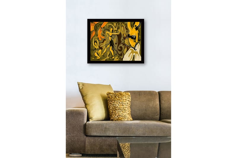 Kehystetty puutaulu canvasille - 41x56 cm - Tanssivia naisia värikkäässä ja abstraktissa sommitelmassa - Kulta / Oranssi / Ruskea - Sisustustuotteet - Taulu & taide