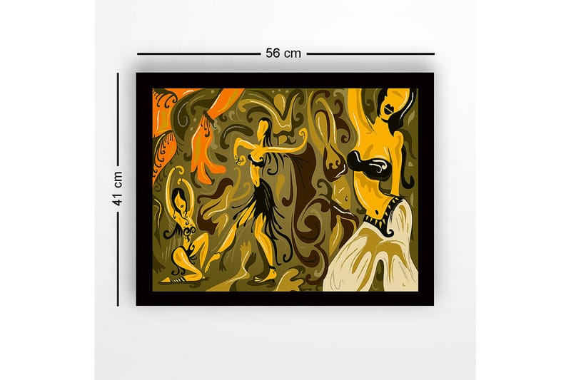 Kehystetty puutaulu canvasille - 41x56 cm - Tanssivia naisia värikkäässä ja abstraktissa sommitelmassa - Kulta / Oranssi / Ruskea - Sisustustuotteet - Taulu & taide