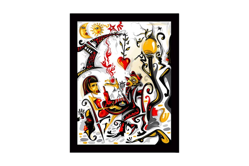 Kehystetty puinen canvas-taulu - 41x56 cm - Värikäs näkymä kahdesta hahmosta, jotka vuorovaikuttavat romanttisessa tunnelmassa, Punainen / Musta / Keltainen