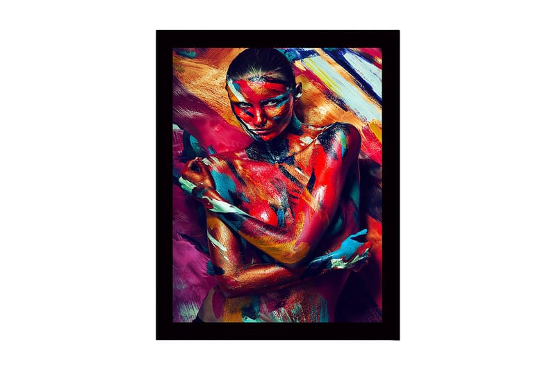 Kehystetty puukangas - 41x56 cm - Värikäs vartalomaalaus naisesta, joka ilmaisee tunteita liikkeen ja värin kautta, Punainen / Sininen / Keltainen