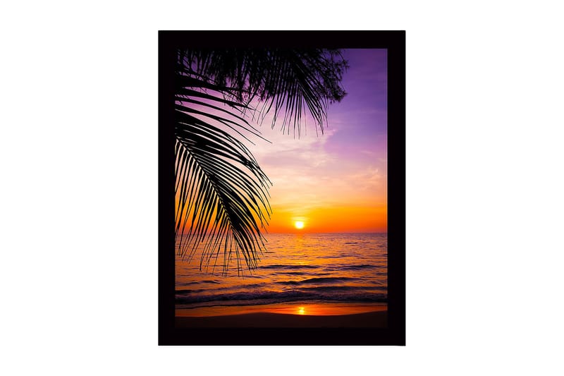 Kehystetty puutaulu canvasille - 41x56 cm - Auringonlasku meren yllä palmujen etualalla, Violetti / Oranssi / Keltainen