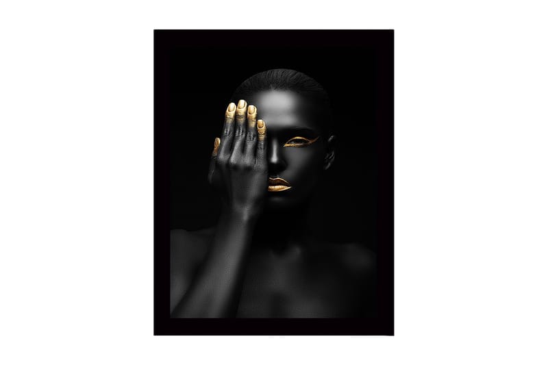 Kehystetty puutaulu canvasille - 41x56 cm - Muotokuva naisesta, joka peittää puolet kasvoistaan kädellä, Musta / Kulta
