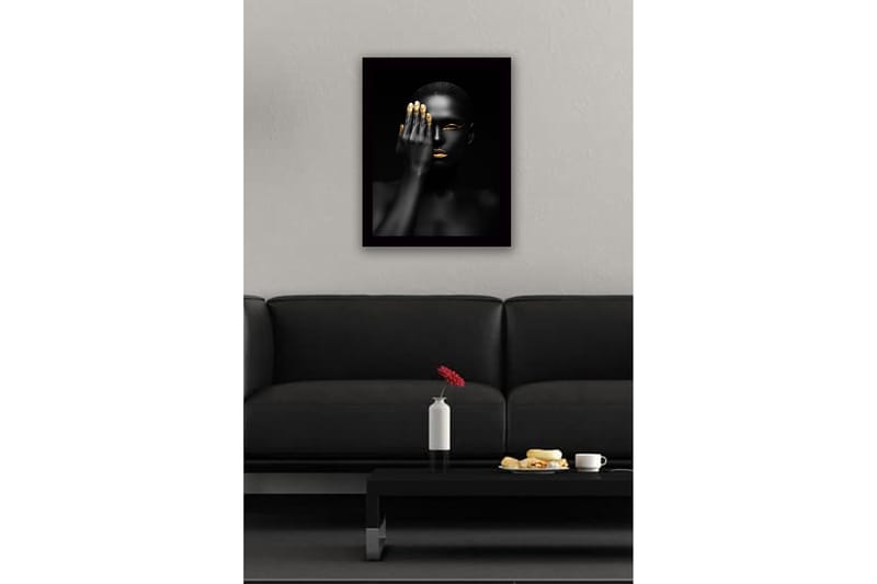 Kehystetty puutaulu canvasille - 41x56 cm - Muotokuva naisesta, joka peittää puolet kasvoistaan kädellä - Musta / Kulta - Sisustustuotteet - Taulu & taide