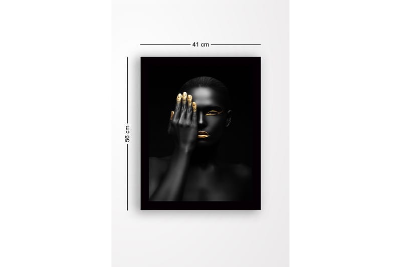 Kehystetty puutaulu canvasille - 41x56 cm - Muotokuva naisesta, joka peittää puolet kasvoistaan kädellä - Musta / Kulta - Sisustustuotteet - Taulu & taide