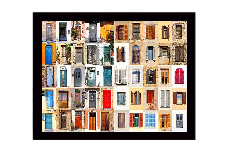Kehystetty puutaulu canvasille - 41x56 cm - Värikkäät ovet ja ikkunat eri tyyleissä mosaiikissa, Sininen / Punainen / Beige