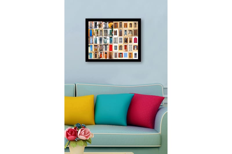 Kehystetty puutaulu canvasille - 41x56 cm - Värikkäät ovet ja ikkunat eri tyyleissä mosaiikissa - Sininen / Punainen / Beige - Sisustustuotteet - Taulu & taide