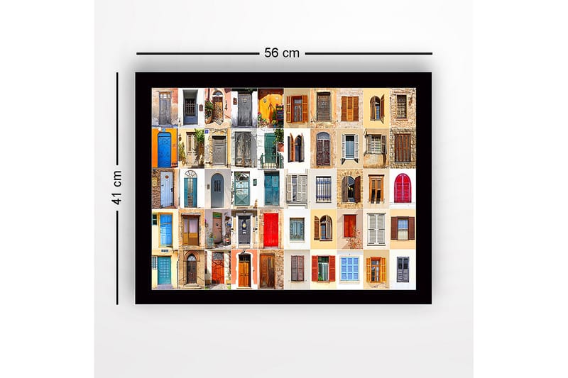 Kehystetty puutaulu canvasille - 41x56 cm - Värikkäät ovet ja ikkunat eri tyyleissä mosaiikissa - Sininen / Punainen / Beige - Sisustustuotteet - Taulu & taide