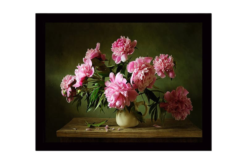 Kehystetty puutaulu canvasille - 41x56 cm - Värikäs pionikimppu keraamisessa maljakossa, Vaaleanpunainen / Vihreä / Beige