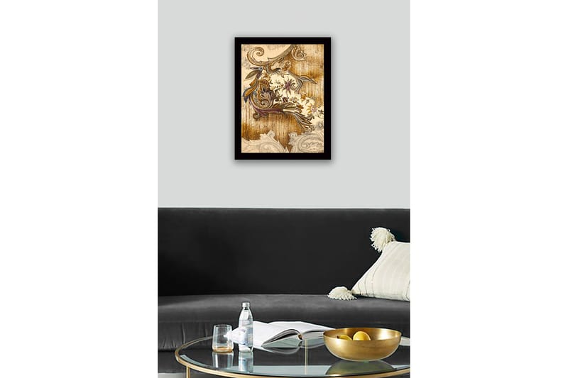 Kehystetty puutaulu canvasille - 41x56 cm - Koristeellinen kuvio kukilla ja lehdillä - Kulta / Ruskea / Violetti - Sisustustuotteet - Taulu & taide