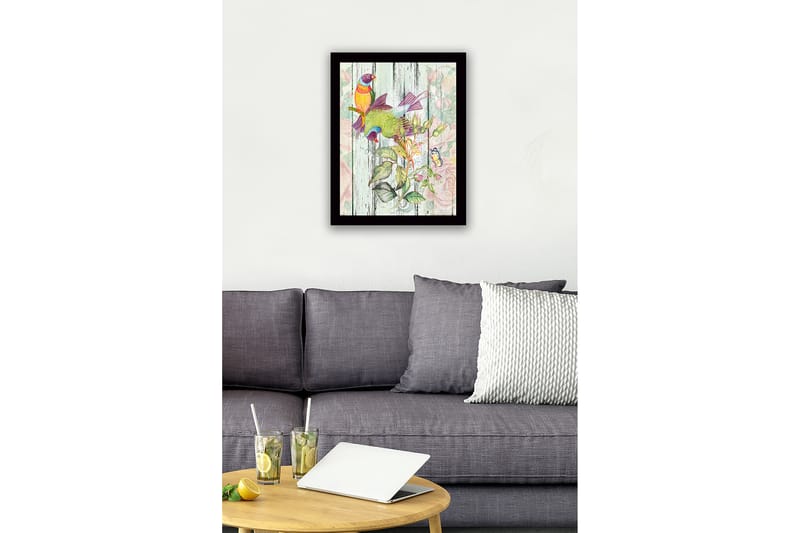 Kehystetty puutaulu canvasille - 41x56 cm - Värikkäitä lintuja kasvitieteellisessä sommitelmassa - Vihreä / Keltainen / Violetti - Sisustustuotteet - Taulu & taide