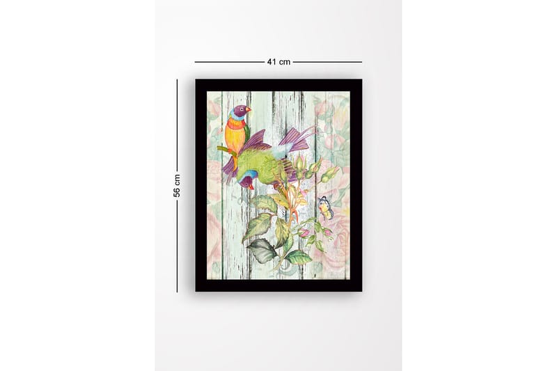 Kehystetty puutaulu canvasille - 41x56 cm - Värikkäitä lintuja kasvitieteellisessä sommitelmassa - Vihreä / Keltainen / Violetti - Sisustustuotteet - Taulu & taide