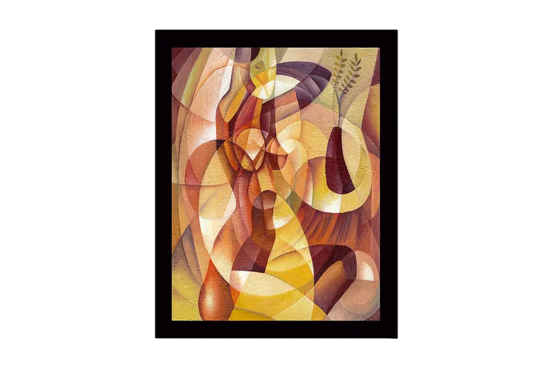 Kehystetty puupohjainen canvas - 41x56 cm - Abstrakti sommitelma orgaanisilla muodoilla ja maljakko kasveilla, Kulta / Ruskea / Terrakotta