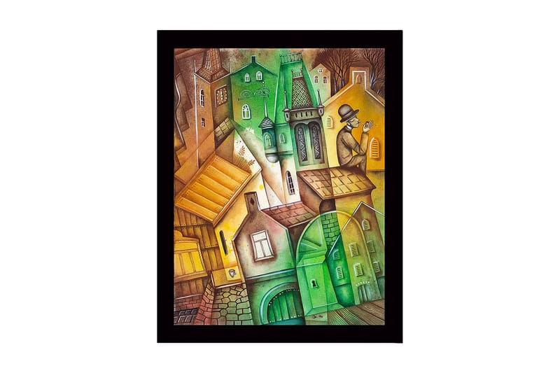 Kehystetty puutaulu canvasille - 41x56 cm - Abstrakti kaupunkikuva kulmikkailla rakennuksilla ja hattupäinen mies, Vihreä / Ruskea / Keltainen
