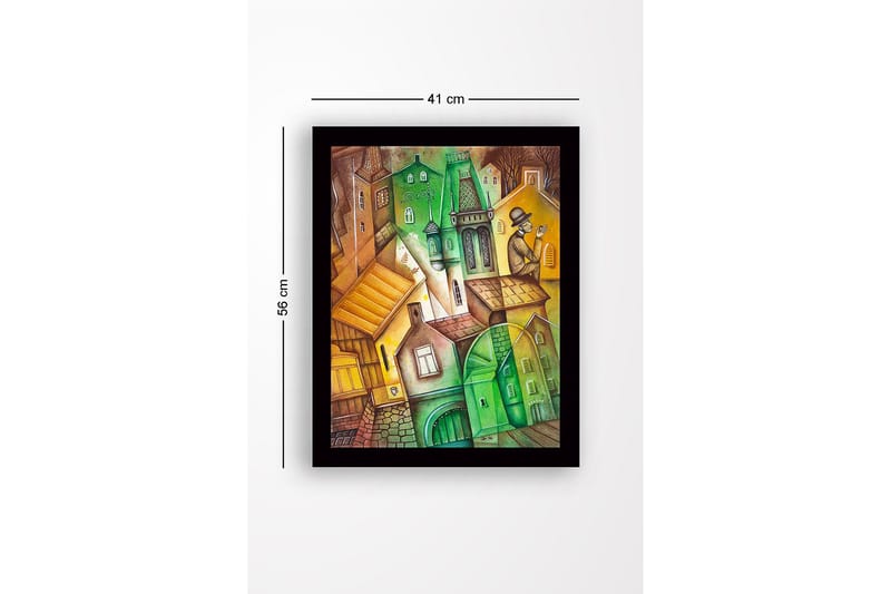 Kehystetty puutaulu canvasille - 41x56 cm - Abstrakti kaupunkikuva kulmikkailla rakennuksilla ja hattupäinen mies - Vihreä / Ruskea / Keltainen - Sisustustuotteet - Taulu & taide