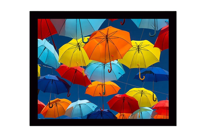 Kehystetty puutaulu canvasille - 41x56 cm - Värikkäät sateenvarjot leijuvat ilmassa, Sininen / Punainen / Keltainen