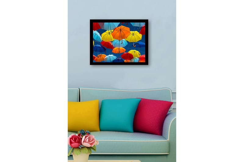 Kehystetty puutaulu canvasille - 41x56 cm - Värikkäät sateenvarjot leijuvat ilmassa - Sininen / Punainen / Keltainen - Sisustustuotteet - Taulu & taide