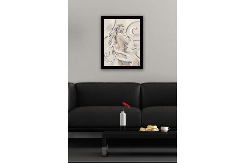 Kehystetty puutaulu canvasille - 41x56 cm - Aistillinen nainen hulmuavilla hiuksilla ja ruusu kädessään - Vaaleanbeige / Harmaa / Valkoinen - Sisustustuotteet - Taulu & taide