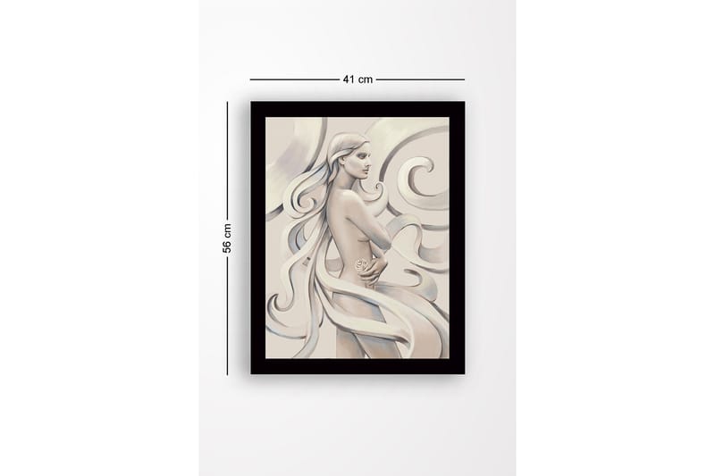 Kehystetty puutaulu canvasille - 41x56 cm - Aistillinen nainen hulmuavilla hiuksilla ja ruusu kädessään - Vaaleanbeige / Harmaa / Valkoinen - Sisustustuotteet - Taulu & taide