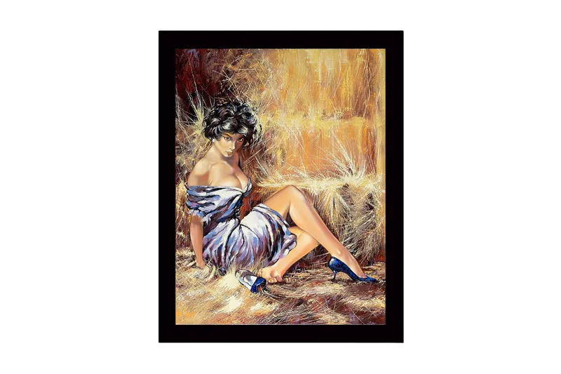 Kehystetty puutaulu canvasille - 41x56 cm - Aistillinen nainen valkoisessa mekossa ja sinisissä kengissä, Valkoinen / Sininen / Beige