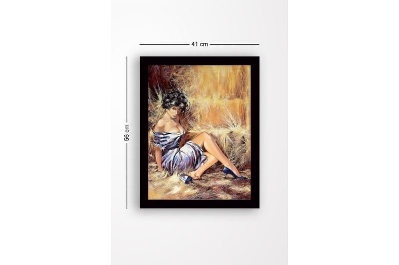 Kehystetty puutaulu canvasille - 41x56 cm - Aistillinen nainen valkoisessa mekossa ja sinisissä kengissä - Valkoinen / Sininen / Beige - Sisustustuotteet - Taulu & taide