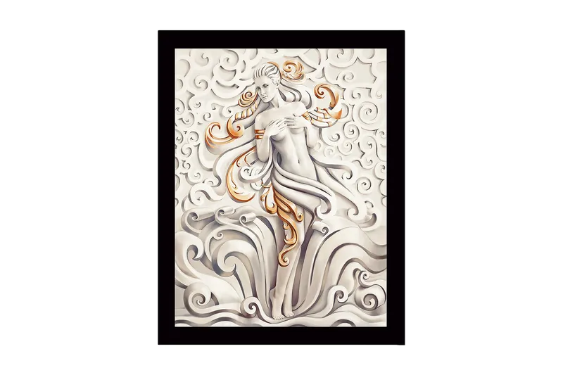 Kehystetty puutaulu canvasille - 41x56 cm - Elegantti naisen hahmo huojuvien pilvien ja aaltojen ympäröimänä, Harmaa / Beige / Oranssi