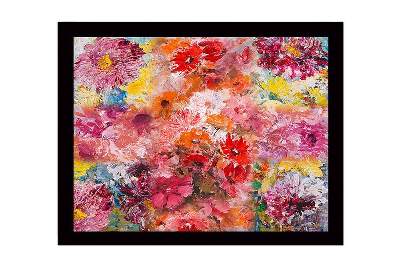 Kehystetty puupohjainen canvas - 41x56 cm - Värikäs kukkakimppu, Vaaleanpunainen / Punainen / Keltainen