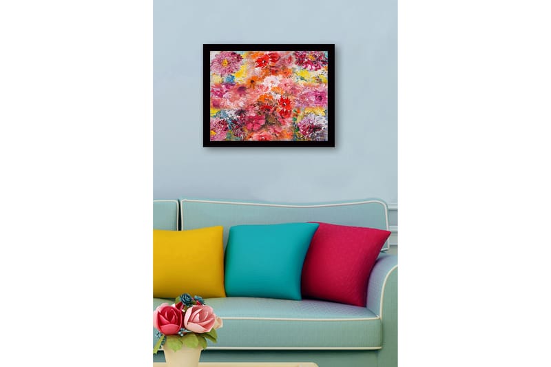 Kehystetty puupohjainen canvas - 41x56 cm - Värikäs kukkakimppu - Vaaleanpunainen / Punainen / Keltainen - Sisustustuotteet - Taulu & taide
