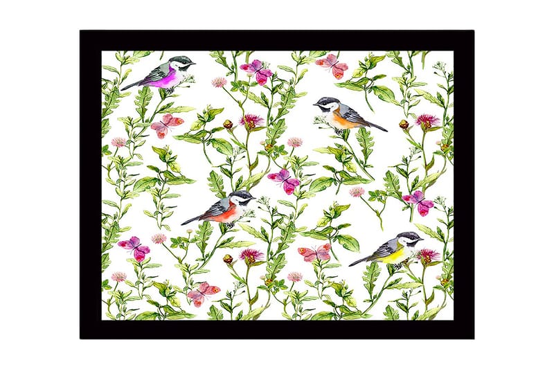 Kehystetty puutaulu canvasille - 41x56 cm - Värikkäitä lintuja kukkien ja vihreiden kasvien ympäröimänä, Vihreä / Vaaleanpunainen / Keltainen