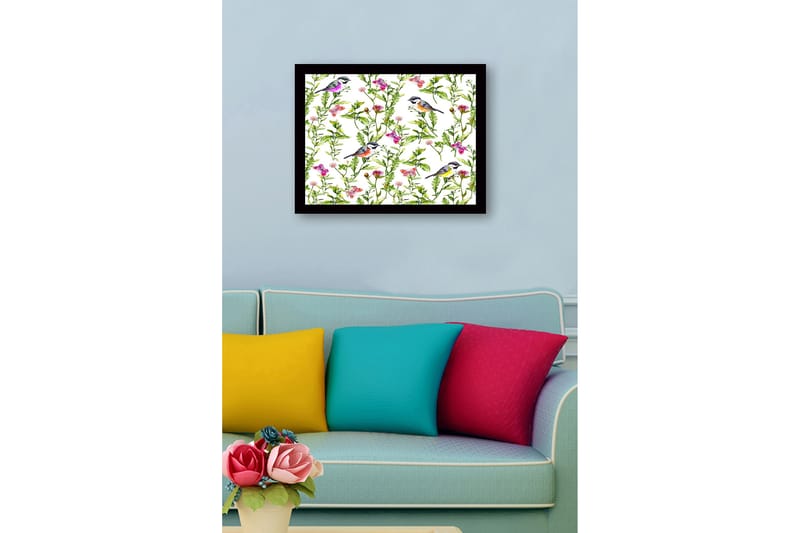 Kehystetty puutaulu canvasille - 41x56 cm - Värikkäitä lintuja kukkien ja vihreiden kasvien ympäröimänä - Vihreä / Vaaleanpunainen / Keltainen - Sisustustuotteet - Taulu & taide