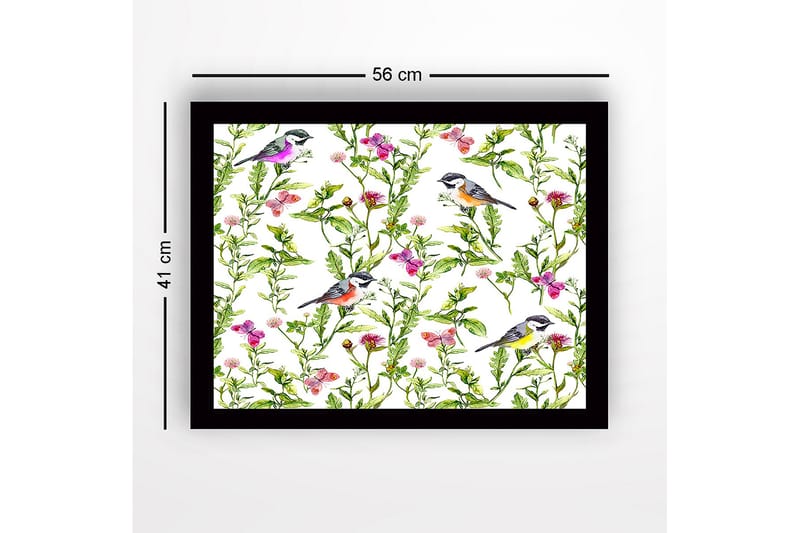 Kehystetty puutaulu canvasille - 41x56 cm - Värikkäitä lintuja kukkien ja vihreiden kasvien ympäröimänä - Vihreä / Vaaleanpunainen / Keltainen - Sisustustuotteet - Taulu & taide