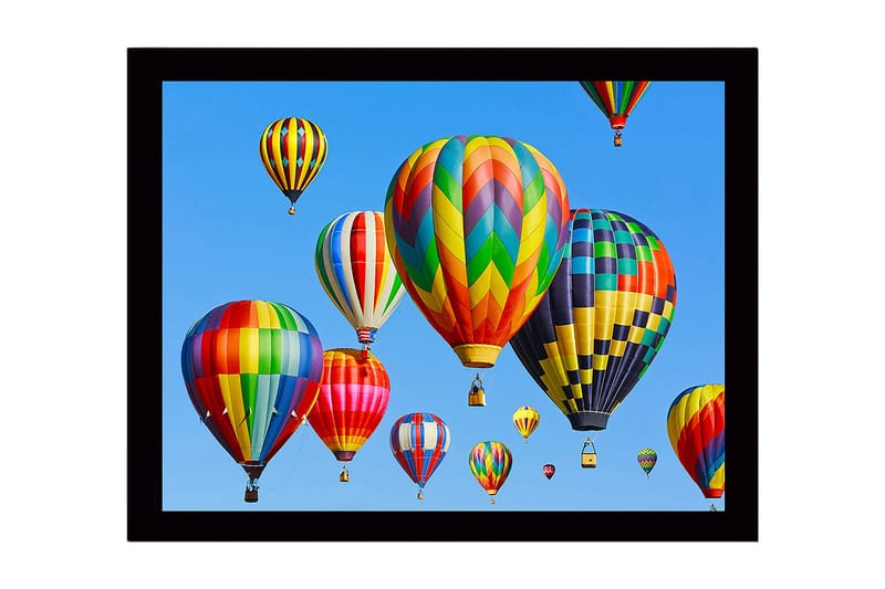 Kehystetty puinen canvas-taulu - 41x56 cm - Värikkäät kuumailmapallot leijuvat kirkkaan sinisen taivaan yllä, Punainen / Vihreä / Keltainen
