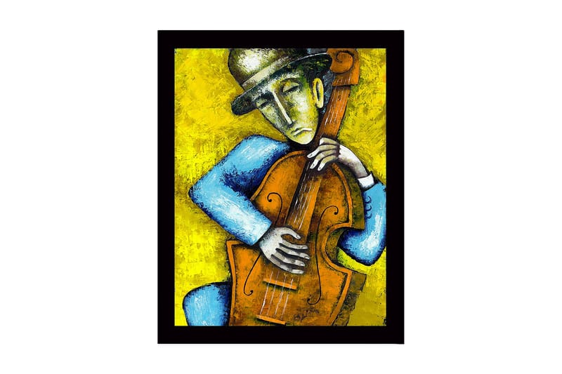 Kehystetty puutaulu canvas-taululla - 41x56 cm - Muusikko soittaa kontrabassoa tunteellisella ilmeellä, Keltainen / Sininen / Ruskea