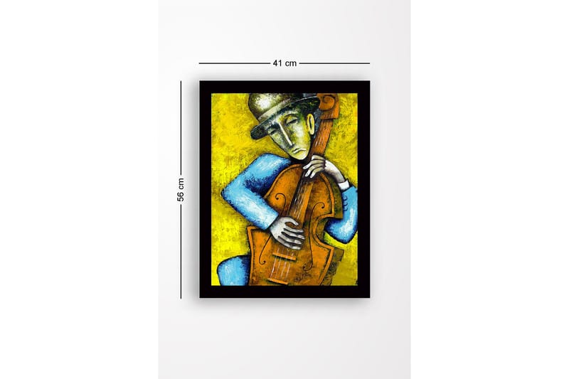Kehystetty puutaulu canvas-taululla - 41x56 cm - Muusikko soittaa kontrabassoa tunteellisella ilmeellä - Keltainen / Sininen / Ruskea - Sisustustuotteet - Taulu & taide