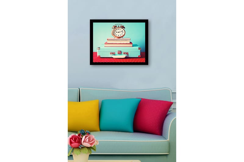 Kehystetty puutaulu canvas-taululla - 41x56 cm - Vintage-kello matkalaukun päällä pinottujen kirjojen päällä - Turkoosi / Punainen / Valkoinen - Sisustustuotteet - Taulu & taide