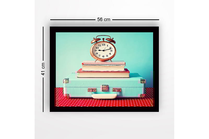 Kehystetty puutaulu canvas-taululla - 41x56 cm - Vintage-kello matkalaukun päällä pinottujen kirjojen päällä - Turkoosi / Punainen / Valkoinen - Sisustustuotteet - Taulu & taide