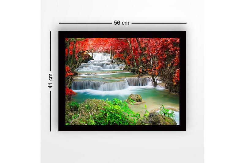 Kehystetty puutaulu canvasille - 41x56 cm - Kauniita vesiputouksia punalehtisen kasvillisuuden ympäröimänä - Punainen / Vihreä / Turkoosi - Sisustustuotteet - Taulu & taide