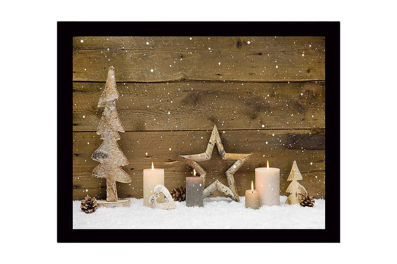 Kehystetty puutaulu canvasille - 41x56 cm - Talvimaisema puiden ja valojen koristeilla, Valkoinen / Beige / Ruskea