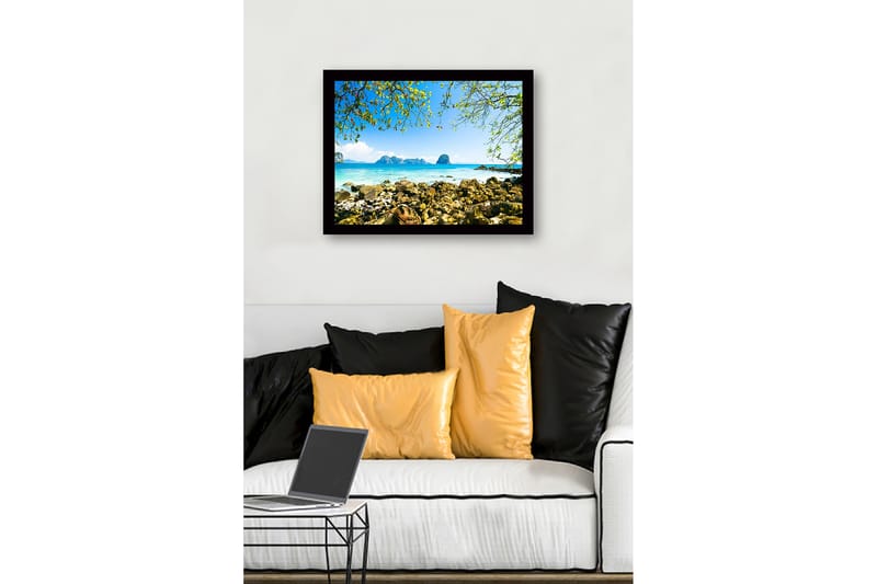 Kehystetty puutaulu canvas-taululla - 41x56 cm - Kaunis rannikko kallioilla ja kirkkaansinisellä merellä - Sininen / Vihreä / Beige - Sisustustuotteet - Taulu & taide