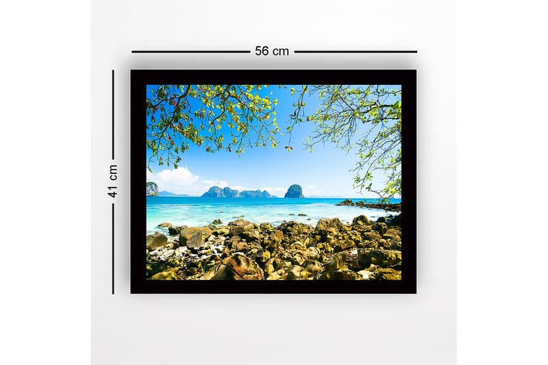 Kehystetty puutaulu canvas-taululla - 41x56 cm - Kaunis rannikko kallioilla ja kirkkaansinisellä merellä - Sininen / Vihreä / Beige - Sisustustuotteet - Taulu & taide