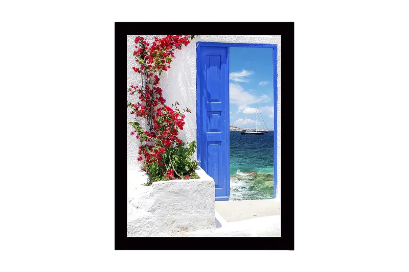 Kehystetty puutaulu canvasille - 41x56 cm - Sininen ovi punaisilla kukilla merinäköalalla, Sininen / Punainen / Valkoinen