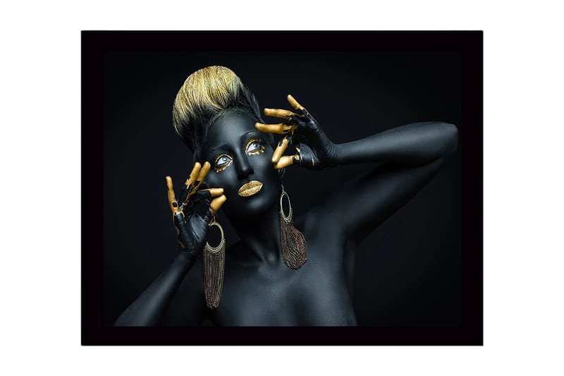 Kehystetty puukangas - 41x56 cm - Taideteos, jossa on mustalla vartalomaalilla ja kultaisilla yksityiskohdilla varustettu nainen, Musta / Kulta / Ruskea