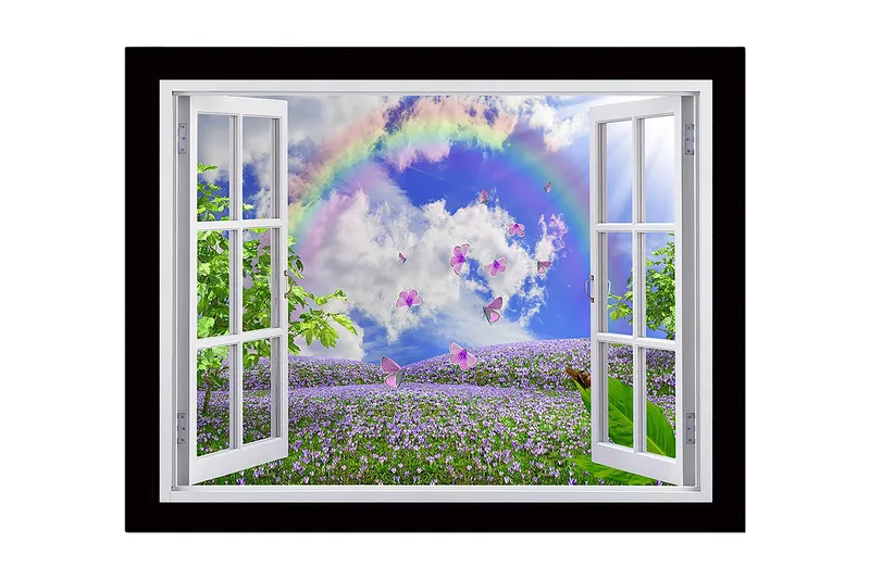 Kehystetty puinen canvas-taulu - 41x56 cm - Ikkunanäkymä kukkivasta niitystä perhosten ja sateenkaaren ympäröimänä, Violetti / Vihreä / Sininen