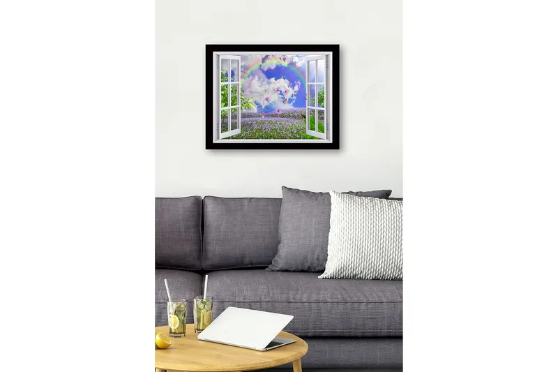 Kehystetty puinen canvas-taulu - 41x56 cm - Ikkunanäkymä kukkivasta niitystä perhosten ja sateenkaaren ympäröimänä - Violetti / Vihreä / Sininen - Sisustustuotteet - Taulu & taide